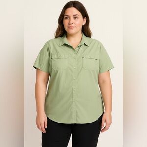Eddie Bauer Women’s XL Short Sleeve Button Up Shirt Green | Outdoor Hiking Top